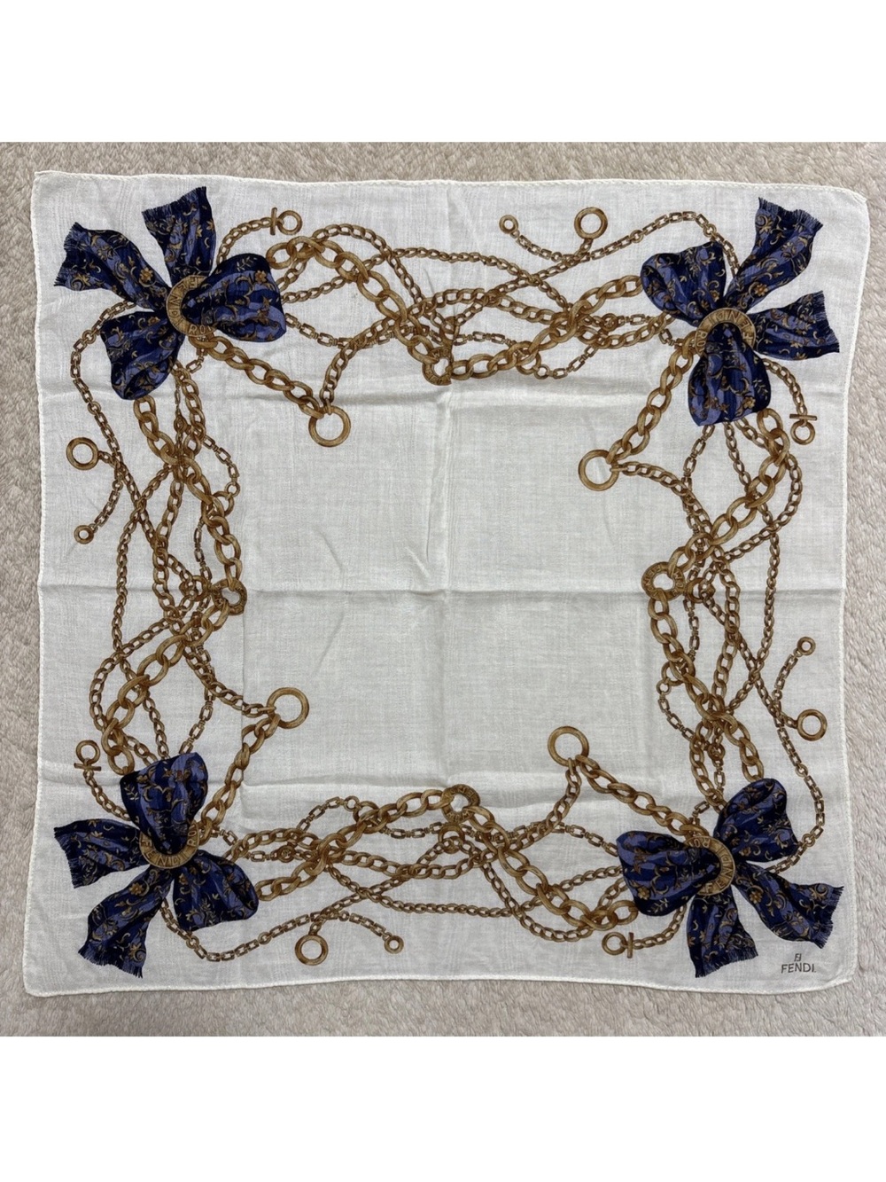 FENDI Scarf 18” Soft Cotton Scarf Chain & Bow Print Ivory/Goldtone/Blues EUC